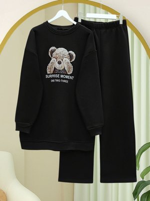 Siyah Ayıcık Baskılı Şardonlu İplik Sweat Takım