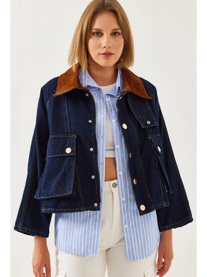 İndigo Yakası Kadife Detaylı Denim Ceket
