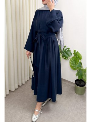 Lacivert Yüksek Bel Kuşak Bağlamalı Elbise