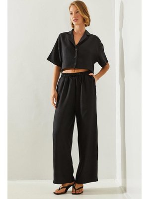 Siyah Ceket Yaka Crop Düğmeli Pantolonu Cepli Alt Üst Takım