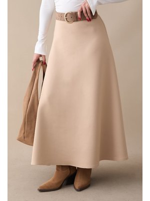 Kloş Beli Lastikli Scuba Bej Etek