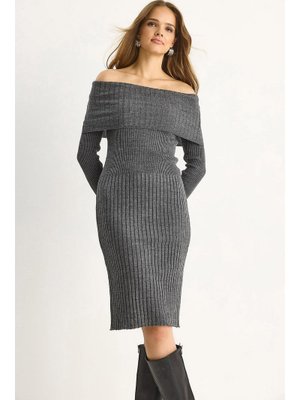 Gri Melanj Fitilli Madonna Yaka Triko Elbise