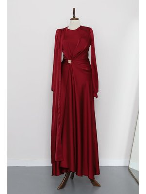 Bordo Önü Pelerinli Drapeli Saten Abiye Elbise