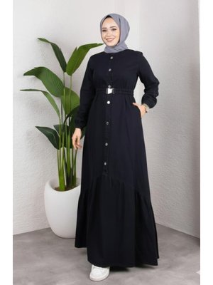 Düğmeli Kuşaklı Denim Siyah Kot Elbise
