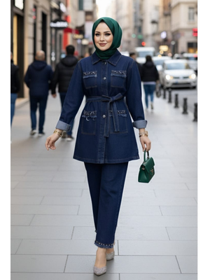 Taş Detaylıtunik Ve Pantolon Koyu Kot Mavi İkili Takım