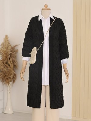 Siyah Saç Örgü Desen Uzun Hırka