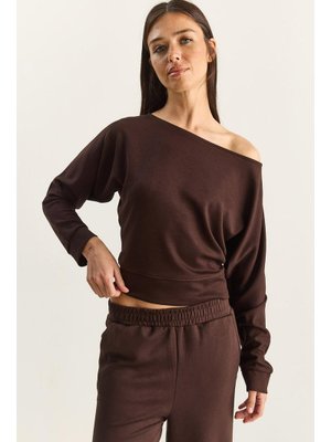 Kahverengi Açık Omuzlu Yumuşak Modal Bluz