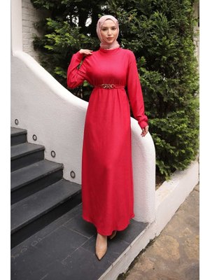 Fuşya Zincir Kuşaklı Fitilli Elbise