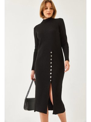 Siyah Fitilli Düğmeli Triko Elbise