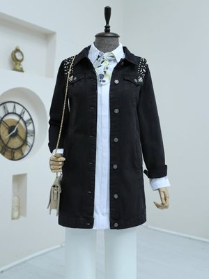 Siyah Taş İşlemeli Yıkamalı Kot ceket