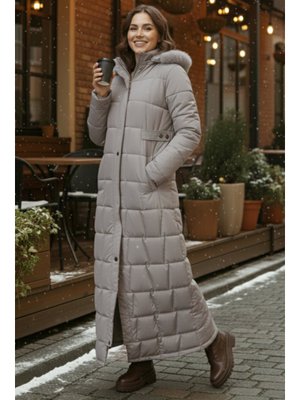 Bej Kapüşonlu Kapitone Mont