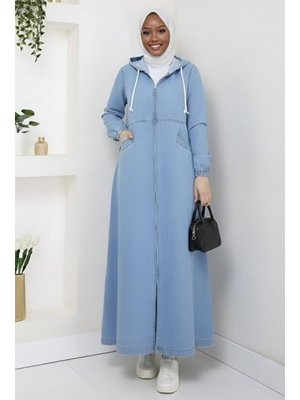 Kapüşonlu, Fermuarlı Ve Cepli Açık Kot Mavi Kap