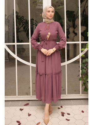 Gül Kurusu Eteği Katlı Kuşaklı Şifon Elbise