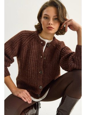 Kahverengi Kalın Örgü Bisiklet Yaka Triko Hırka