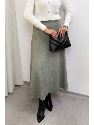 Haki Balıksırtı Desenli Kaşe Etek