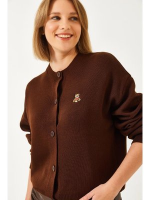 Acı Kahve Teddy Nakışlı Düğmeli Triko Hırka