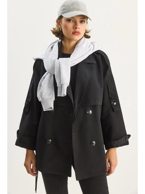 Siyah Aller Detaylı Kuşaklı Cepli Astarlı Trençkot
