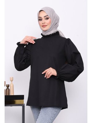Siyah Yaka Kol Fırfırlı Tunik