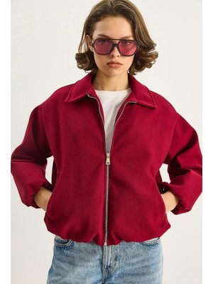 Vişne Cep Detaylı Fermuarlı Kaşe Bomber Ceket