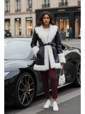 Tüylü İçi Astarlı Kemerli Deri Siyah Ceket