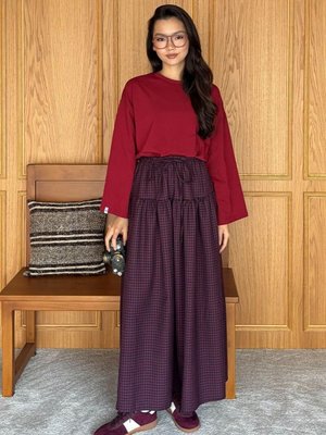 Bordo Pötikare Fırfır Detay Poliviskon Etek