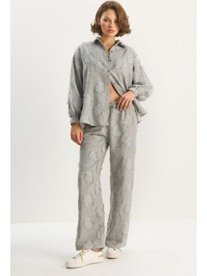Gri Oversize Gömlek Beli Lastikli Pantolon Saçaklı Dokuma Alt Üst Takım