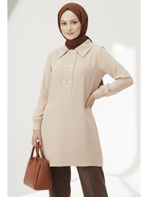 Krem Düğme Detaylı Modal Tunik
