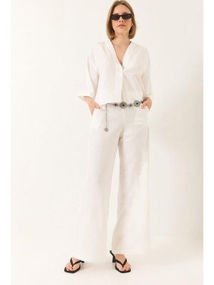 Beyaz V Yaka Yarasa Kol Keten Kimono Palazzo Pantolonlu Alt Üst Takım