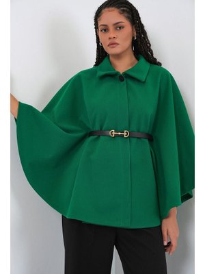Koyu Yeşil Kemerli Kaşe Panço