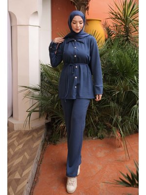 İndigo Fitilli Bel Bağlamalıı Tunik Pantolonlu Takım