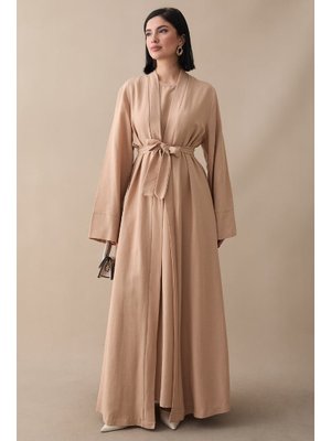 Truvakar Kol Abayalı Elbiseli Bej Keten Takım