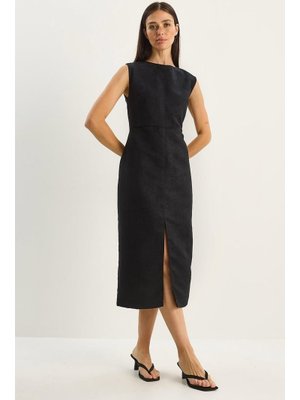 Siyah Yırtmaç Detaylı Dokuma Süet Midi Kalem Elbise