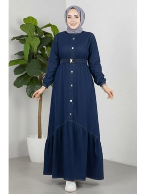 Düğmeli Kuşaklı Denim Koyu Kot Mavi Elbise