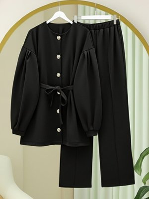 Siyah Balon Kol Beli Kuşaklı Önü Düğmeli Scuba Takım