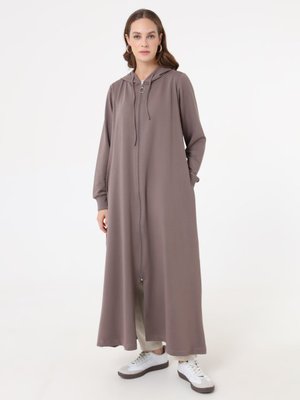 Kapüşon Detaylı Fermuarlı Spor Kap / Pardesü Vizon Kahve