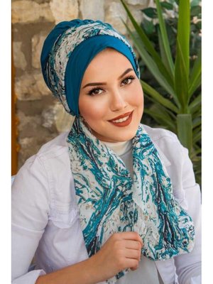 Petrol Mavi Beyaz Desen Fularlı Bone