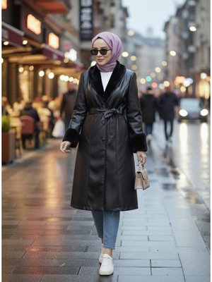 Yakası Tüylü Kuşaklı Astarlı Siyah Deri Trençkot