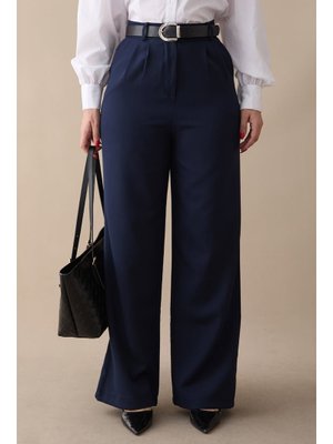 Yüksek Bel Pileli Lacivert Palazzo Pantolon