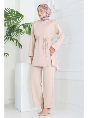 Krem Düğme Detaylı Modal İkili Takım