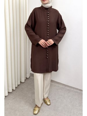 Kahverengi Hakim Yaka Düğme Detaylı Tunik