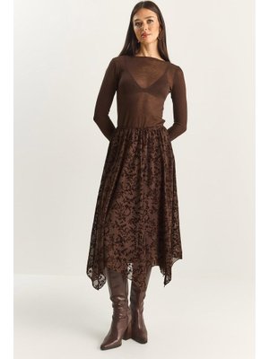 Acı Kahve Kadife Desenli Astarlı Asimetrik Kesim Beli Lastikli Midi Etek