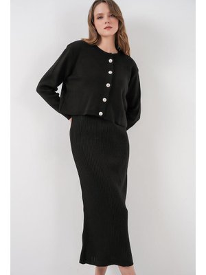 Siyah Hırka Elbise Triko İkili Takım
