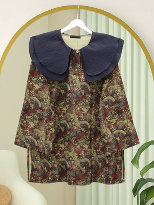 Haki Önlük Yaka Yarım Düğmeli Yırtmaçlı Kapitone Tunik