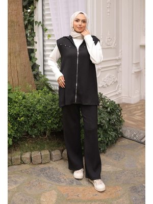Siyah Fitilli Yelek Tunik Pantolonlu Üçlü Takım