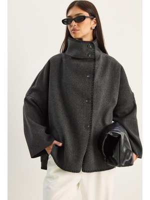 Antrasit Kroşeta Detaylı Dik Yaka Cepli Oversize Kaşe Kaban