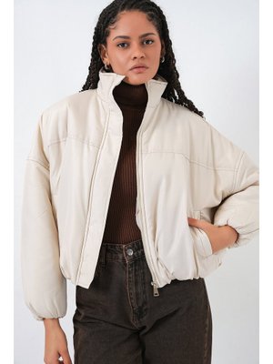 Ekru Oversize Bomber Şişme Mont