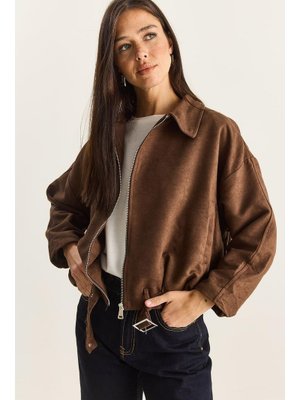 Acı Kahve Oversize Tokalı Astarlı Süet Bomber Ceket