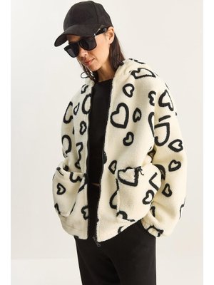 Ekru Kapüşonlu Kalpli Oversize Peluş Mont