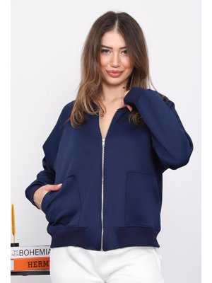 Lacivert Fermuarlı Scuba Kısa Ceket