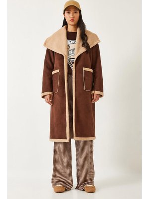 Kahverengi Çift Torba Cepli İçi Süet Kaban